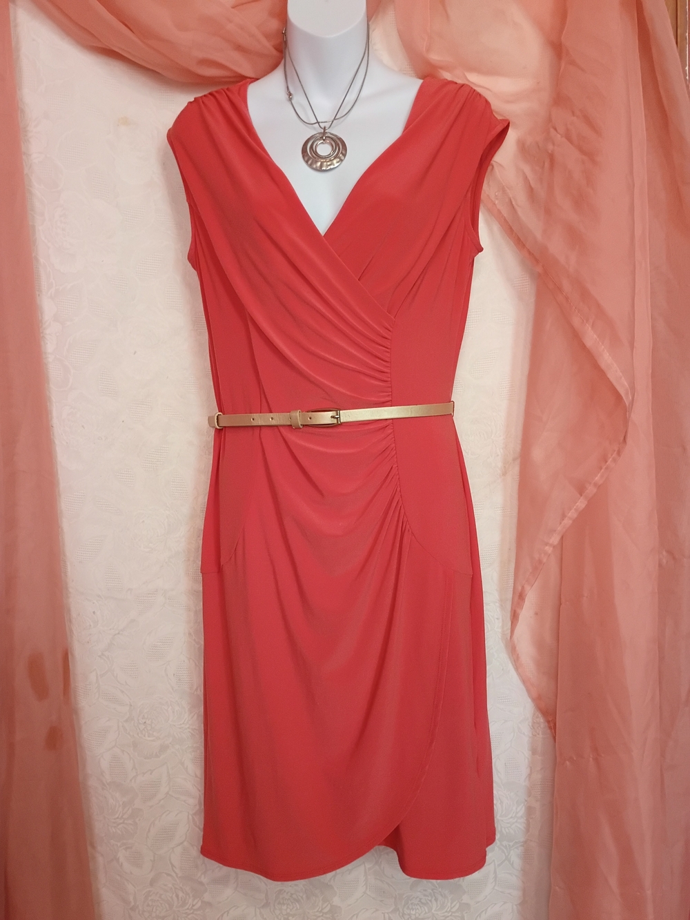 dressbarn Ladies Coral Faux-Wrap Midi Dress with Gold Belt Sz Sm